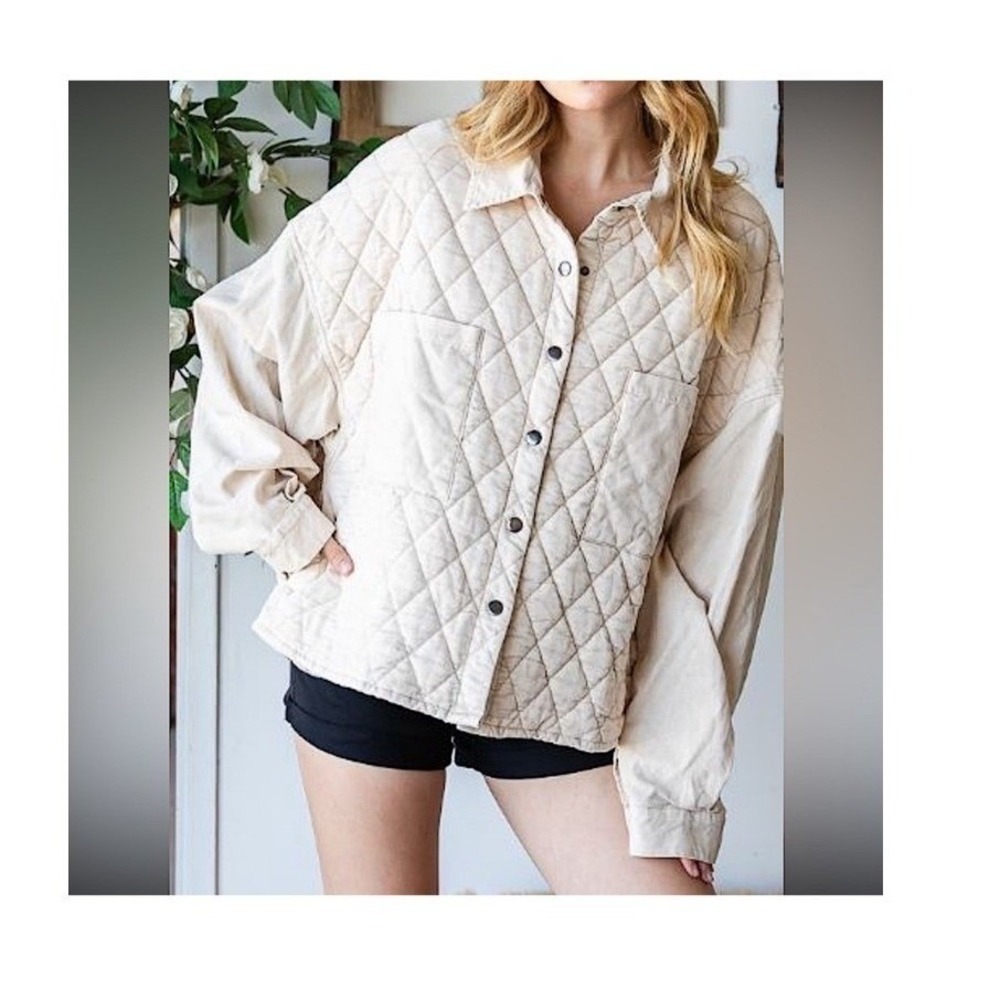 Oli & Hali Beige Quilted Corduroy Jacket Oversized Button Up Medium